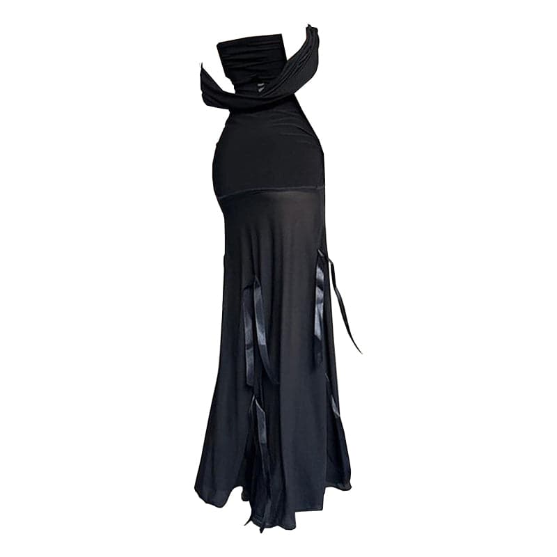 Off shoulder 2-way ribbon mesh maxi dress-final-sale
