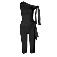 Off shoulder knotted medium rise pant set
