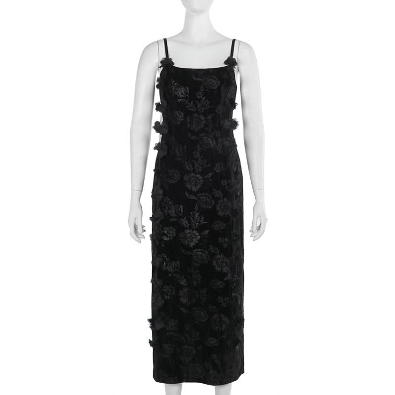 U neck velvet flower pattern slit maxi dress