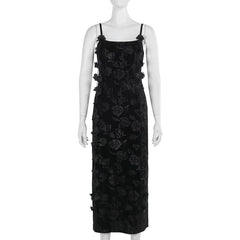 U neck velvet flower pattern slit maxi dress
