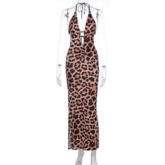 Leopard print hollow out self tie halter slit cut out maxi dress