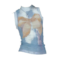High neck sleeveless knitted patchwork print top