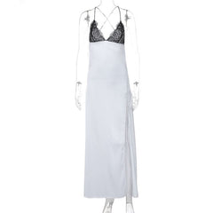 Cross back self tie spaghetti strap v neck slit maxi dress