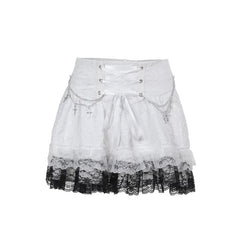Lace up metal chain lace hem mini skirt