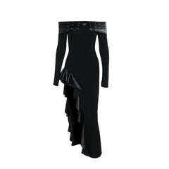 Off shoulder long sleeve PU leather slit ruffle maxi dress