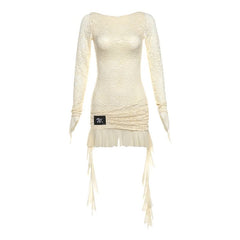 Long sleeve lace up lace ruffle mini dress