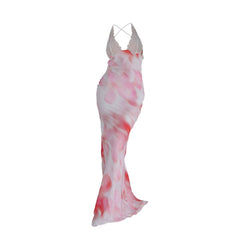 V neck lace hem backless print cami maxi dress