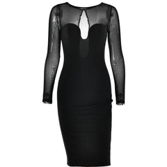Long sleeve mesh patchwork button midi dress-final-sale