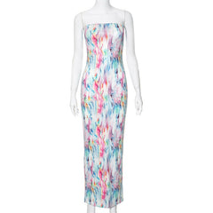 Ripple contrast high slit backless maxi dress
