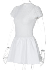 Ruched zip-up crewneck cap sleeve mini dress