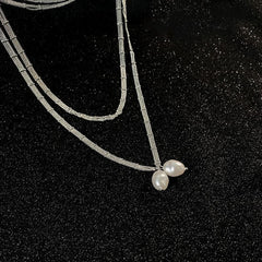 Layered faux pearl pendant choker necklace