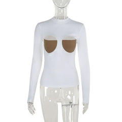 Long sleeve crewneck patchwork hollow out cut out top-final-sale