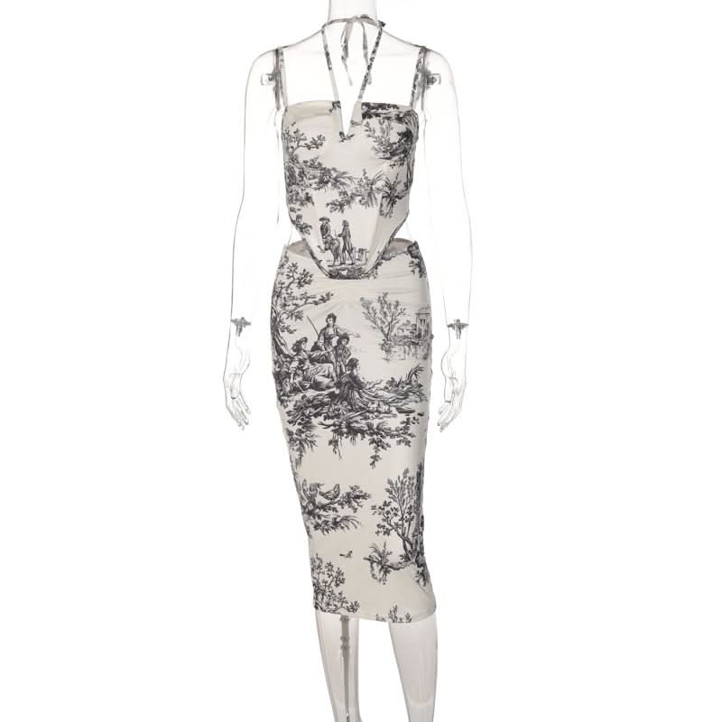 Self tie halter print ruched cami midi skirt set