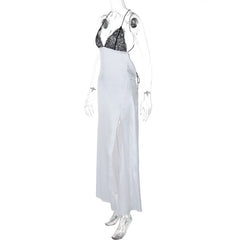 Cross back self tie spaghetti strap v neck slit maxi dress