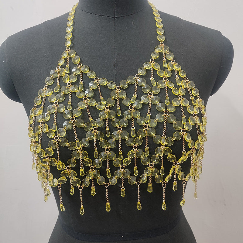 Metal chain plastic crystal halter backless crop top