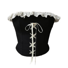 Ruffle lace up contrast backless tube top