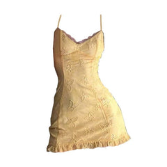V neck lace ruffle butterfly pattern cami mini dress-final-sale