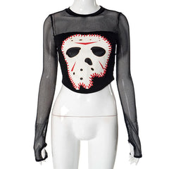 Long sleeve crewneck fishnet hole head pattern top