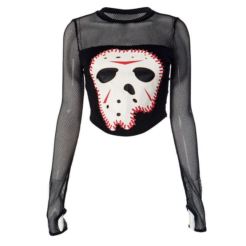 Long sleeve crewneck fishnet hole head pattern top