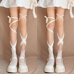Self tie irregular lace thigh high socks