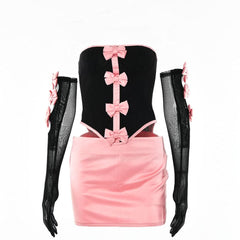 Mesh contrast bowknot gloves lace up tube backless mini skirt set-final-sale