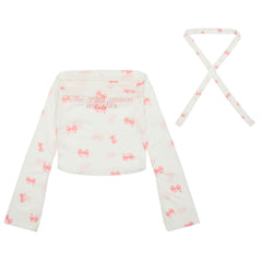 Long sleeve bowknot print ruffle off shoulder top