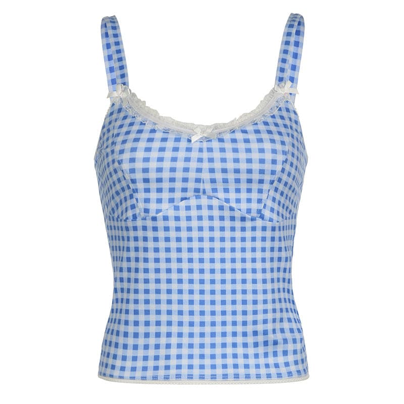 Lace hem plaid backless bowknot cami top