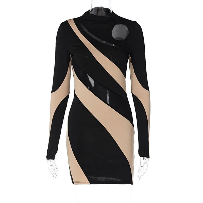 Long sleeve mesh contrast patchwork hollow out cut out mini dress-final-sale