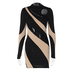 Long sleeve mesh contrast patchwork hollow out cut out mini dress-final-sale