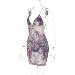 Cross back v neck spaghetti strap print mini dress