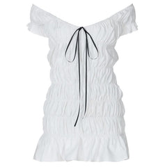 Ruched ribbon off shoulder v neck mini dress