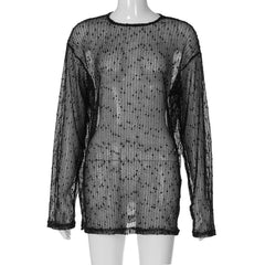 Long sleeve crewneck hollow out see through cut out top