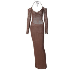 Long sleeve off shoulder halter knitted backless maxi dress-final-sale