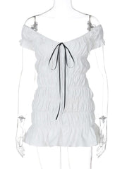 Ruched ribbon off shoulder v neck mini dress