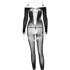 Off shoulder long sleeve beaded hollow out jumpsuit