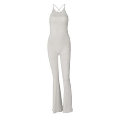 U neck cross back solid backless cami jumpsuit