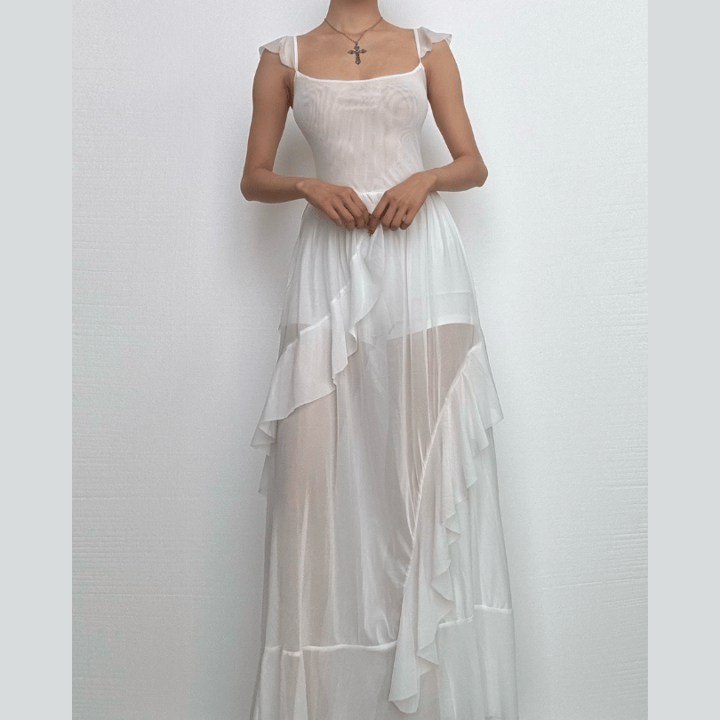 Ruched ruffle square neck sheer mesh cami maxi dress