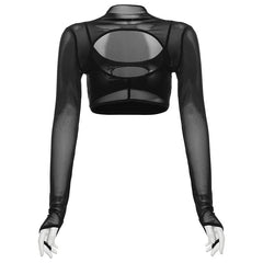 Long sleeve high neck hollow out gloves crop cut out top