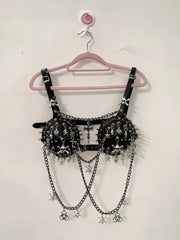 Metal chain rivet skull applique buckle cami top
