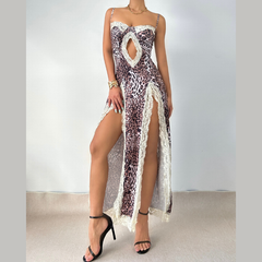 Leopard print lace hem hollow out high slit cami cut out maxi dress