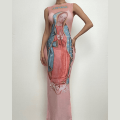 Sheer mesh see through sleeveless abstract contrast maxi dress-final-sale