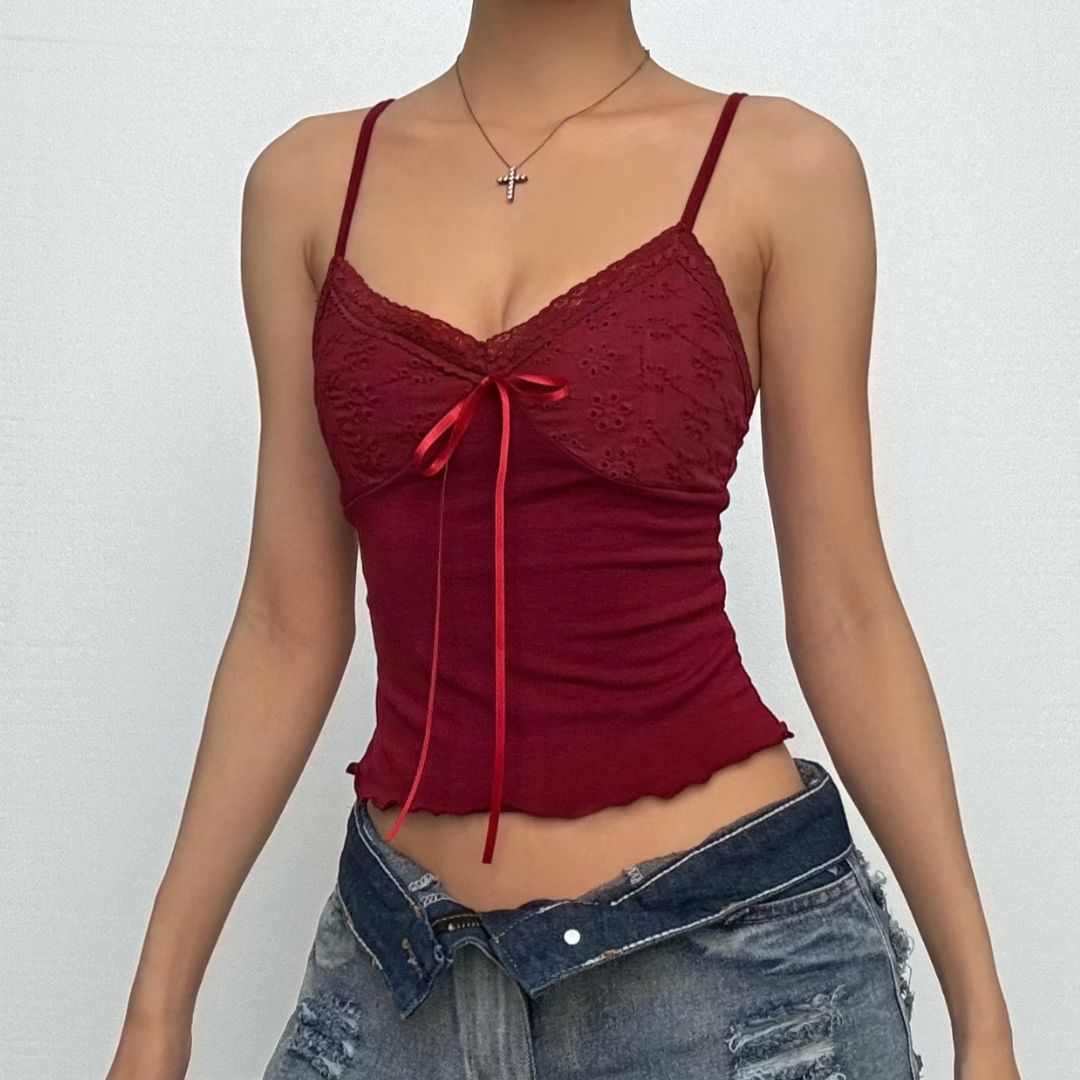 Lace patchwork bowknot backless cami top