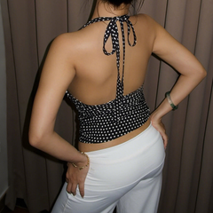 Hollow out halter self tie v neck polka dot cut out top