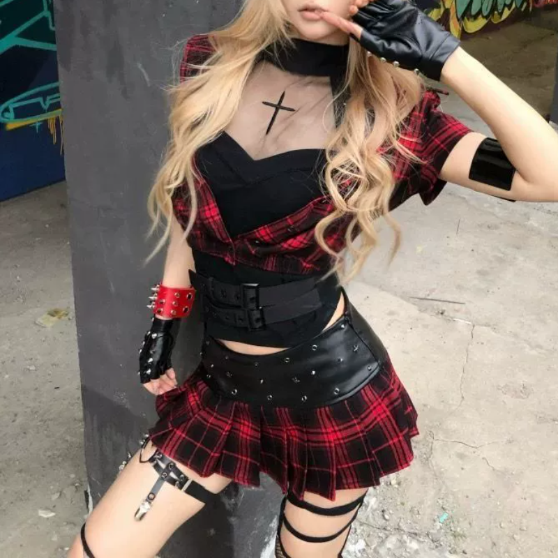 Plaid button pleated short sleeve 3 piece mini skirt set