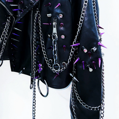 Long sleeve metal chain turnover collar zip-up o ring top