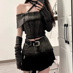Off shoulder denim raw hem mini skirt set
