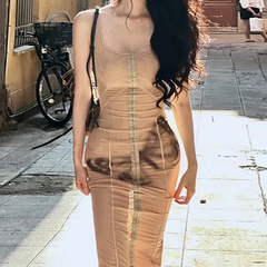 Square neck butterfly pattern tank midi dress