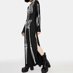 Long sleeve crewneck skeleton print maxi dress