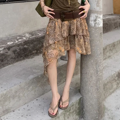 Leopard print irregular contrast midi skirt