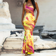 Irregular print contrast cami maxi dress